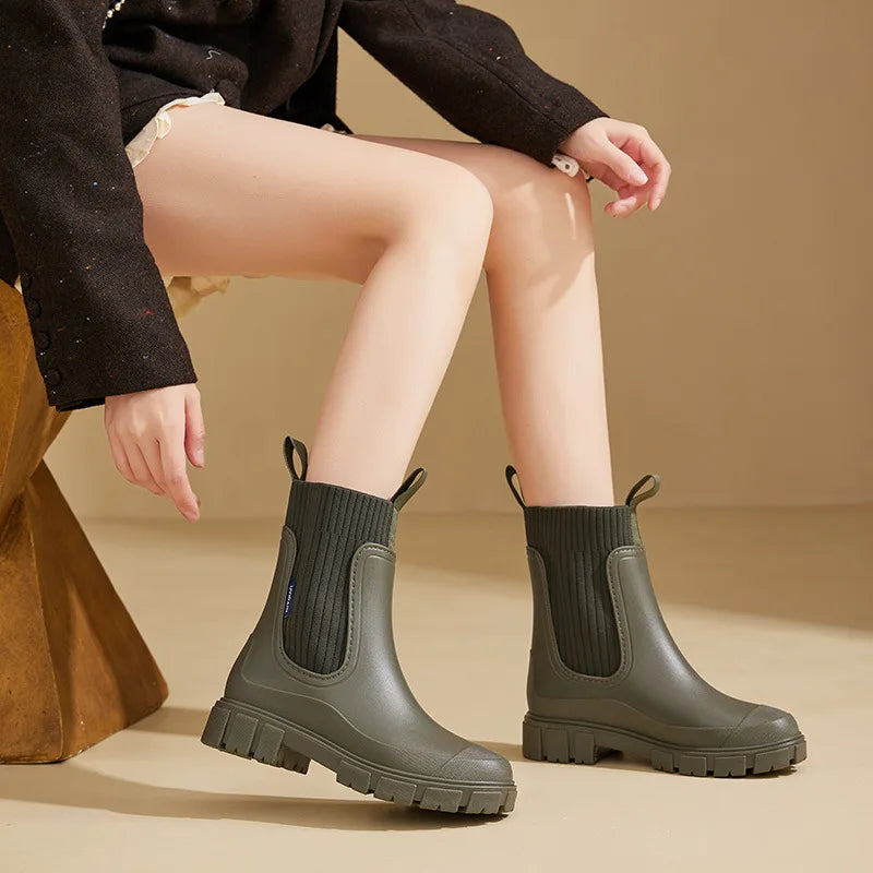 New Women'S Mid-Calf Rain Boots Women Wear-Resistant Waterproof Non-Slip Outdoor Boots Fashionable Ladies Rain Shoes